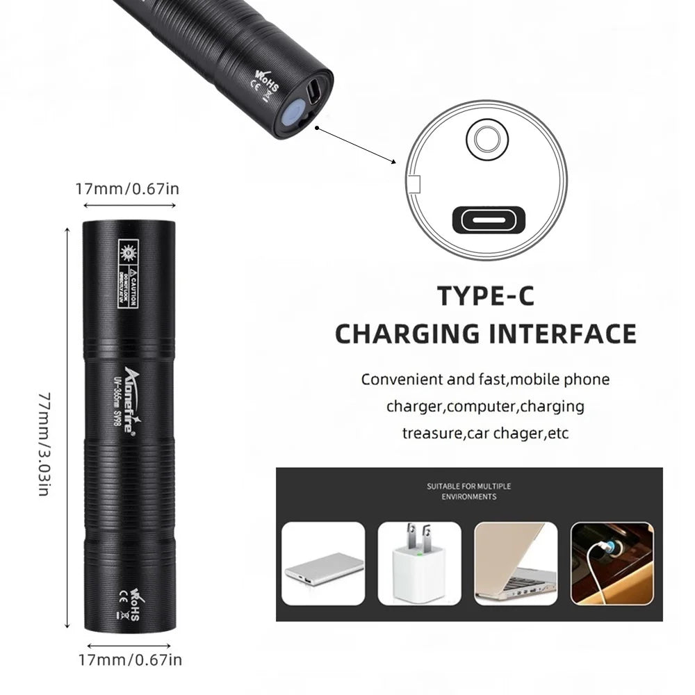 linterna UV 365 nm Recargable para Detectar Manchas
