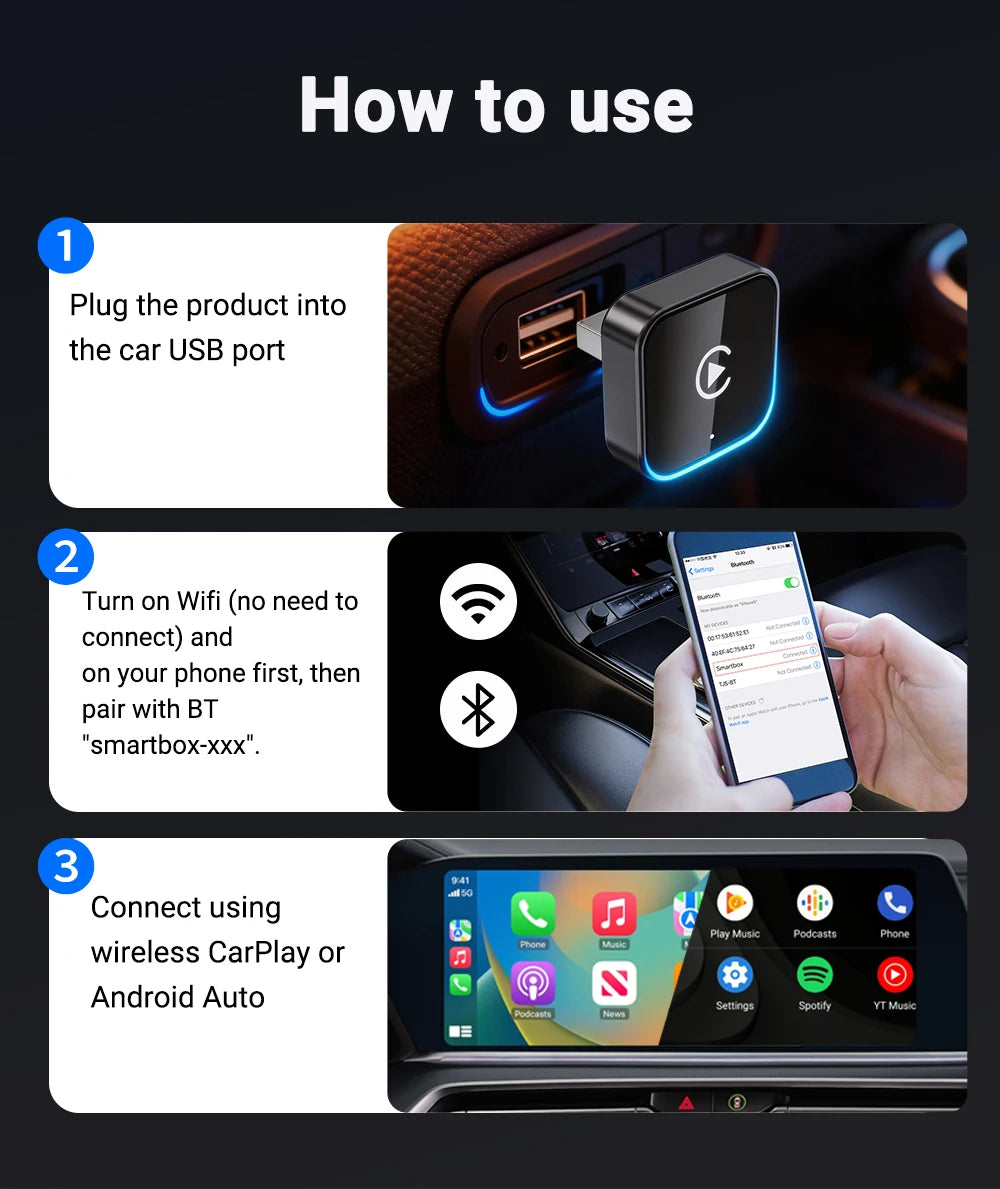 Adaptador inalámbrico 2 en 1 para CarPlay y Android Auto