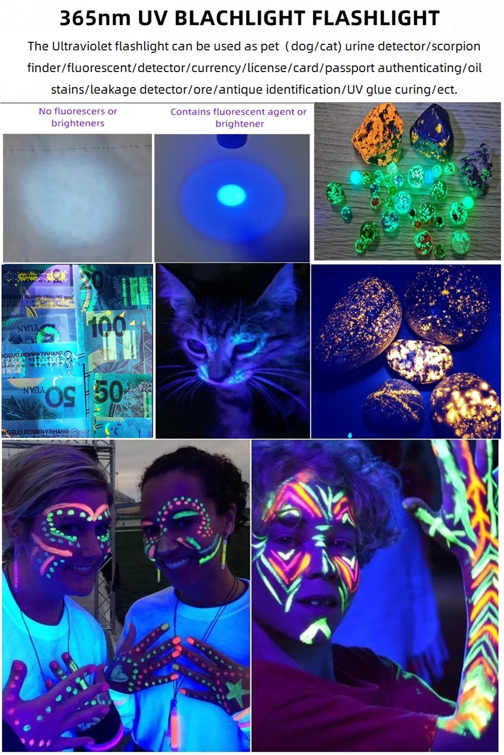 linterna UV 365 nm Recargable para Detectar Manchas