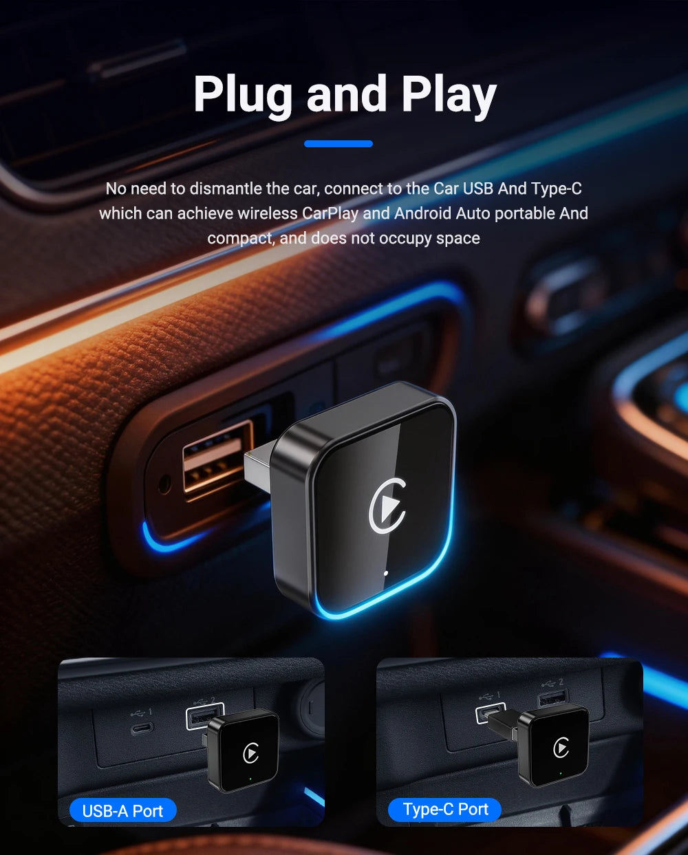 Adaptador inalámbrico 2 en 1 para CarPlay y Android Auto