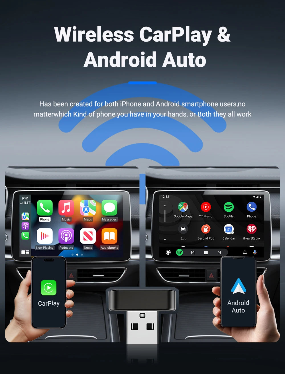 Adaptador inalámbrico 2 en 1 para CarPlay y Android Auto